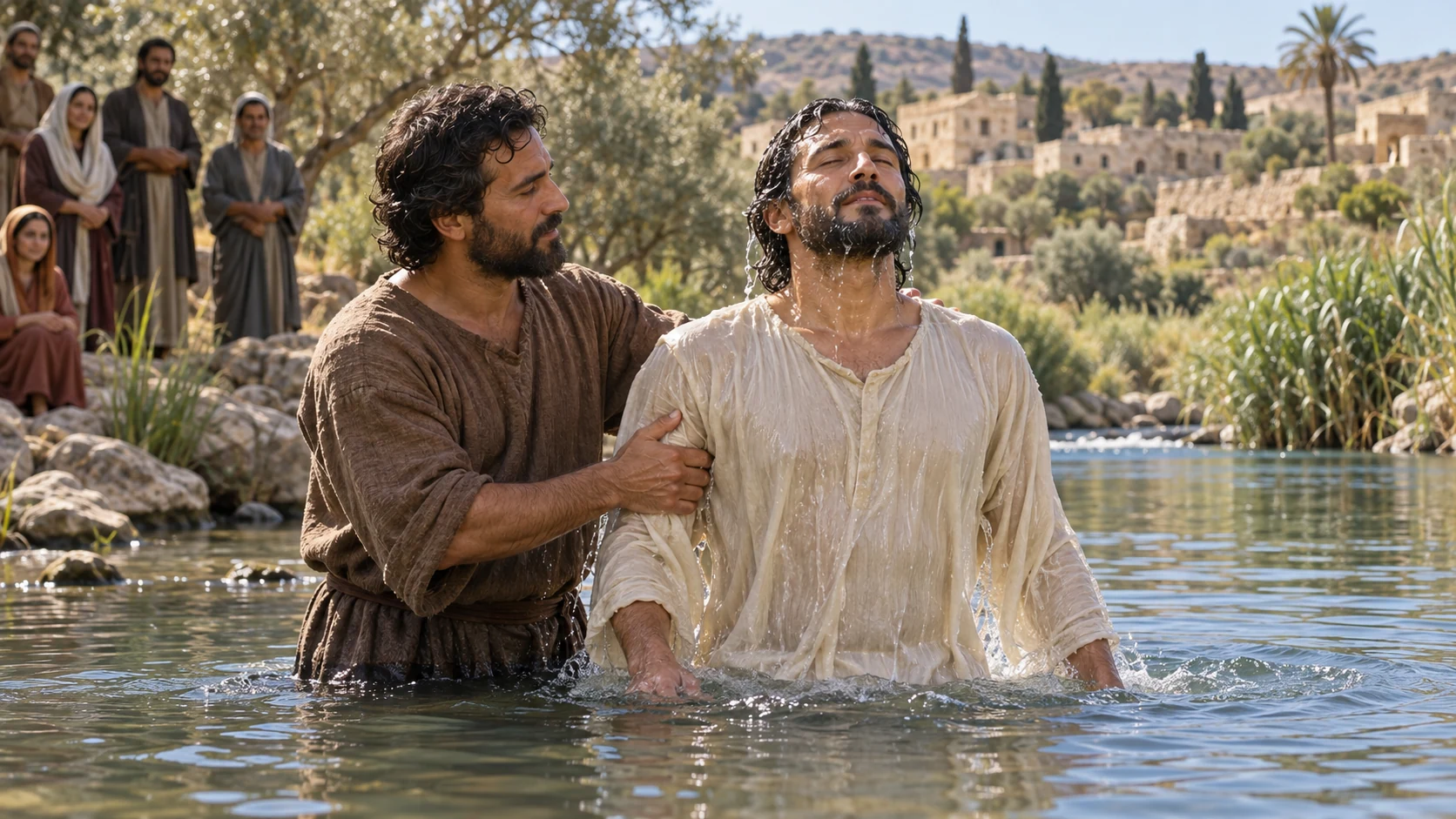 A believer rises from a river baptism with another Christian supporting him.
