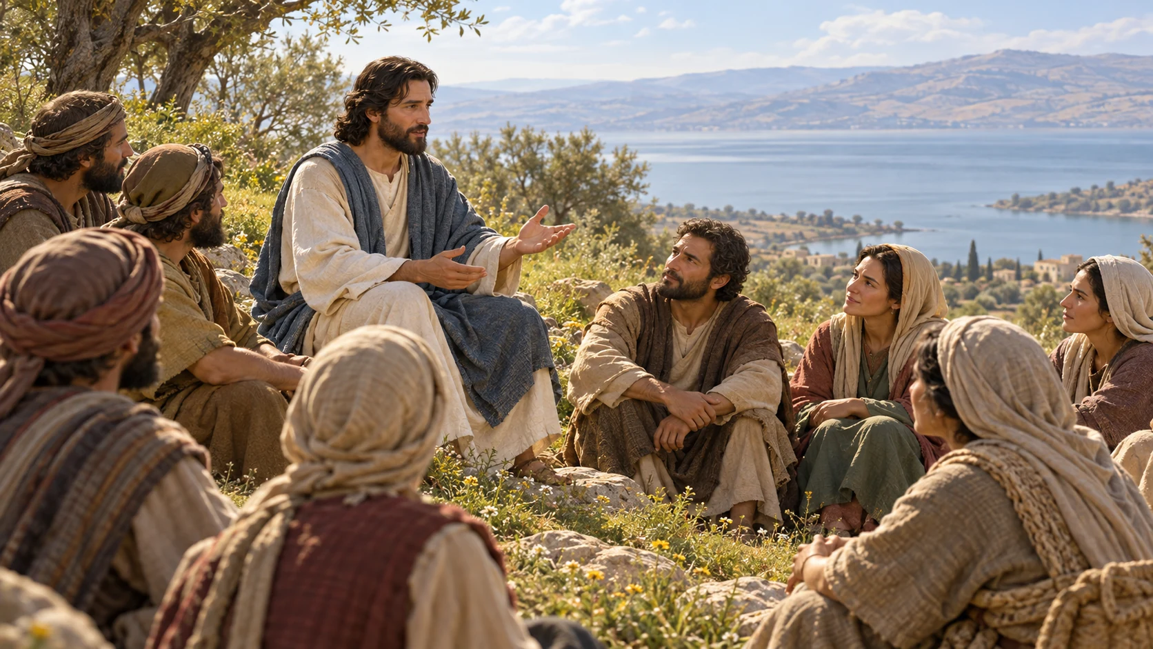 Jesus teaches attentive listeners on a hillside overlooking the Sea of Galilee.
