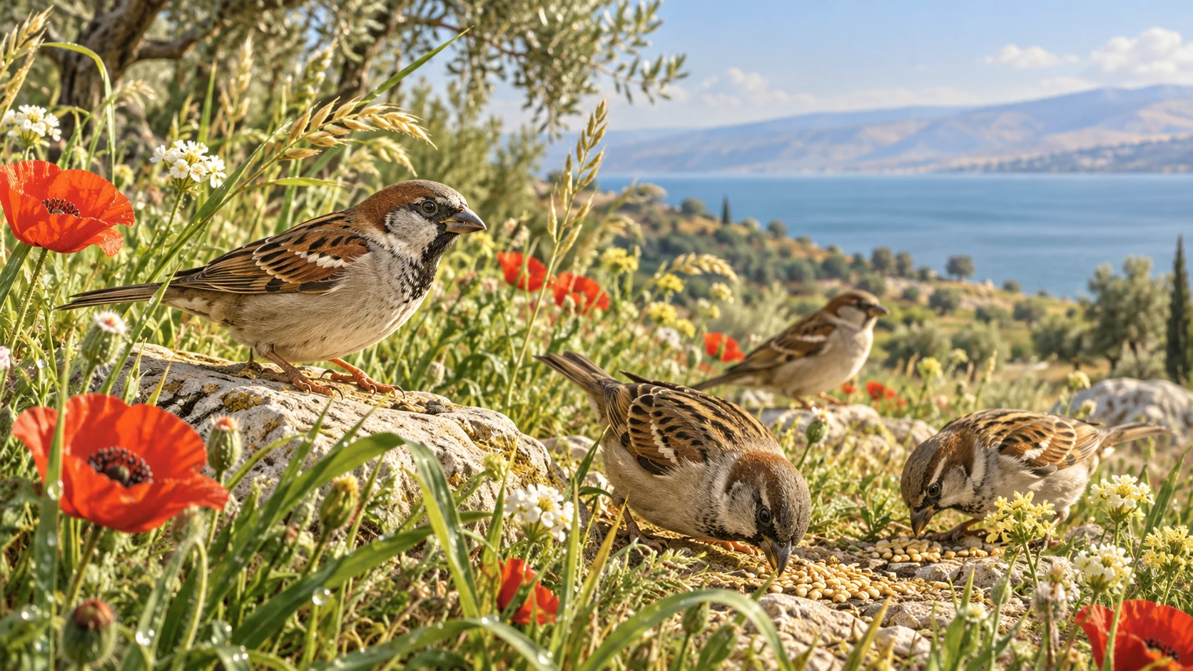 Small brown birds feed among grasses and field flowers above a blue lake.