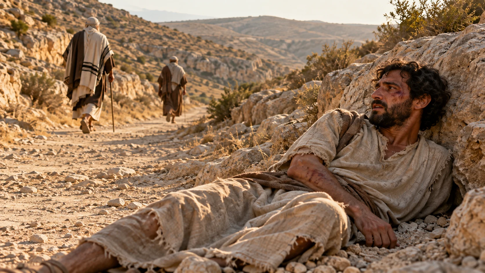 An injured traveler rests beside an ancient road while two men pass at a distance.