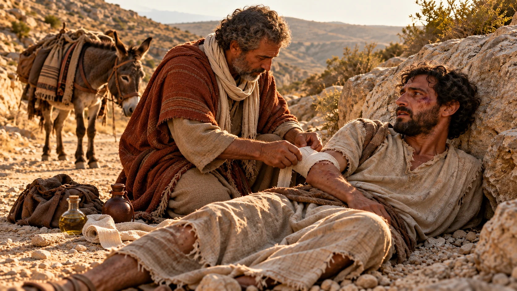 The Samaritan tends to the injured traveler.