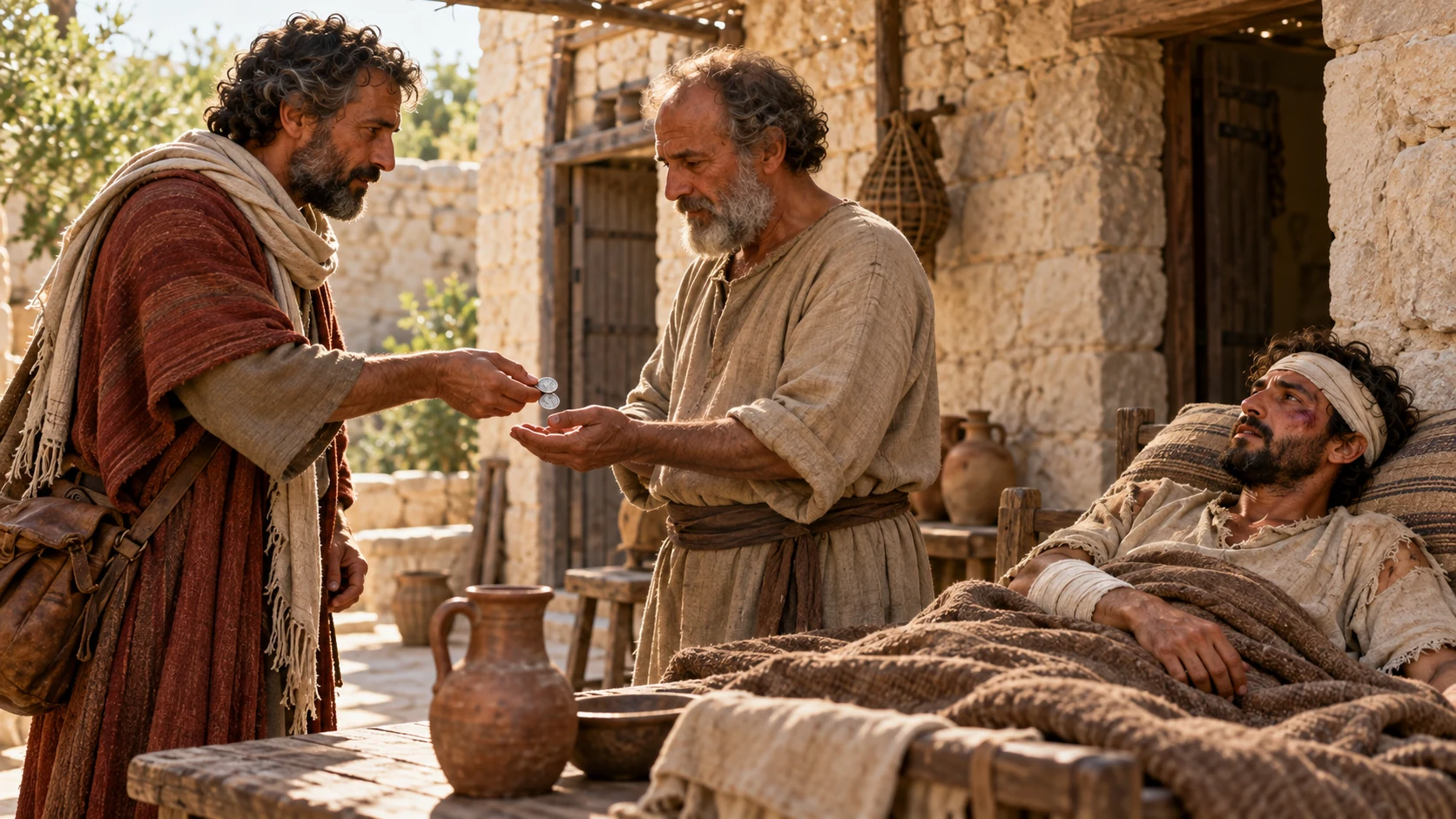 The Samaritan pays the innkeeper while the bandaged traveler rests nearby.