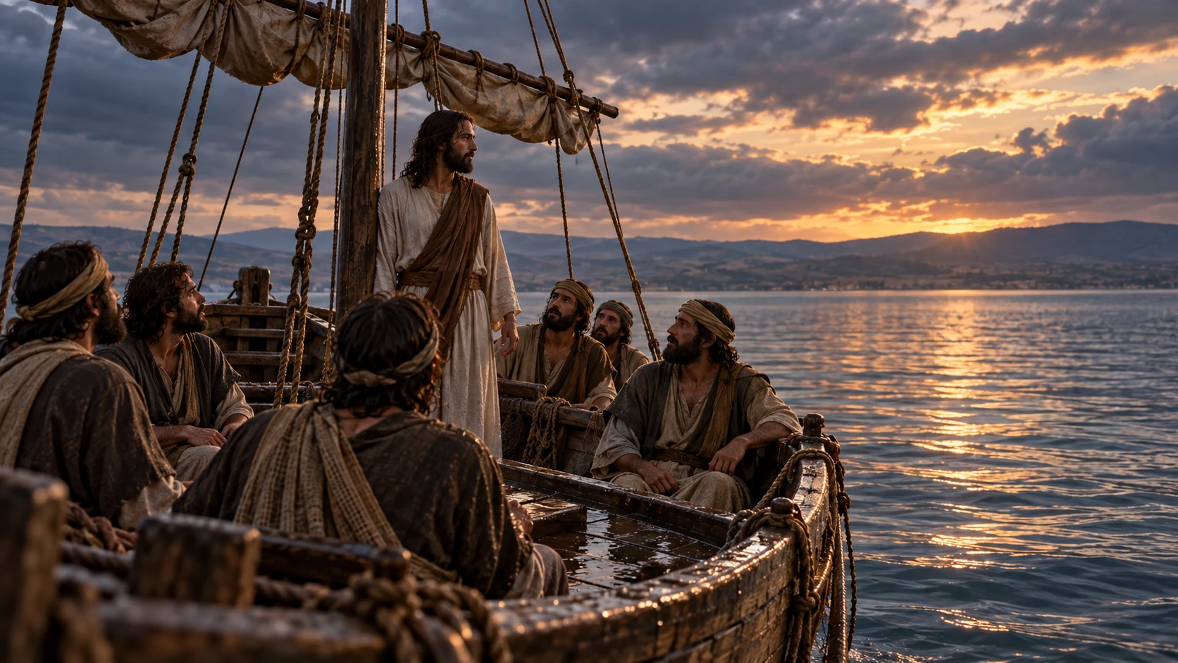 Jesus stands with His disciples on the calm lake.