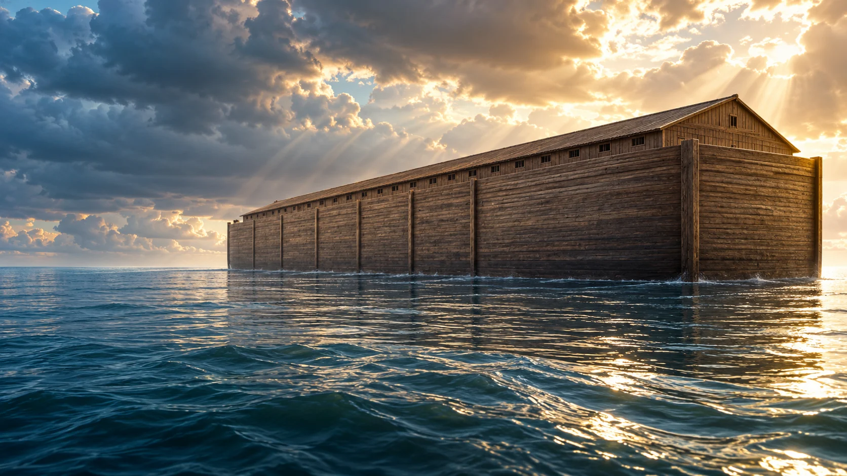 An imagined wooden ark floating on floodwaters beneath clearing clouds.