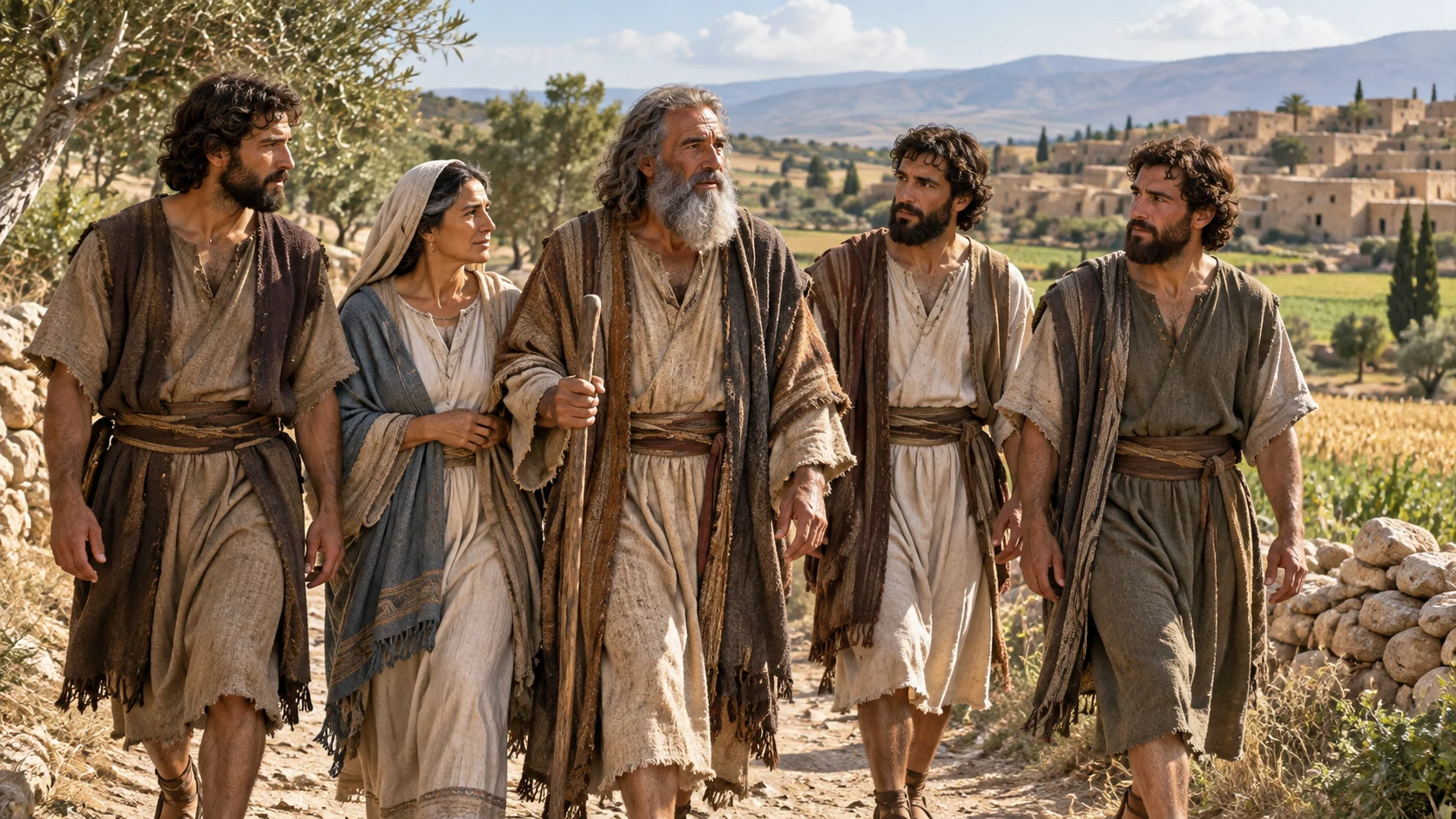 An imagined Noah walking with members of his family through a rural landscape.