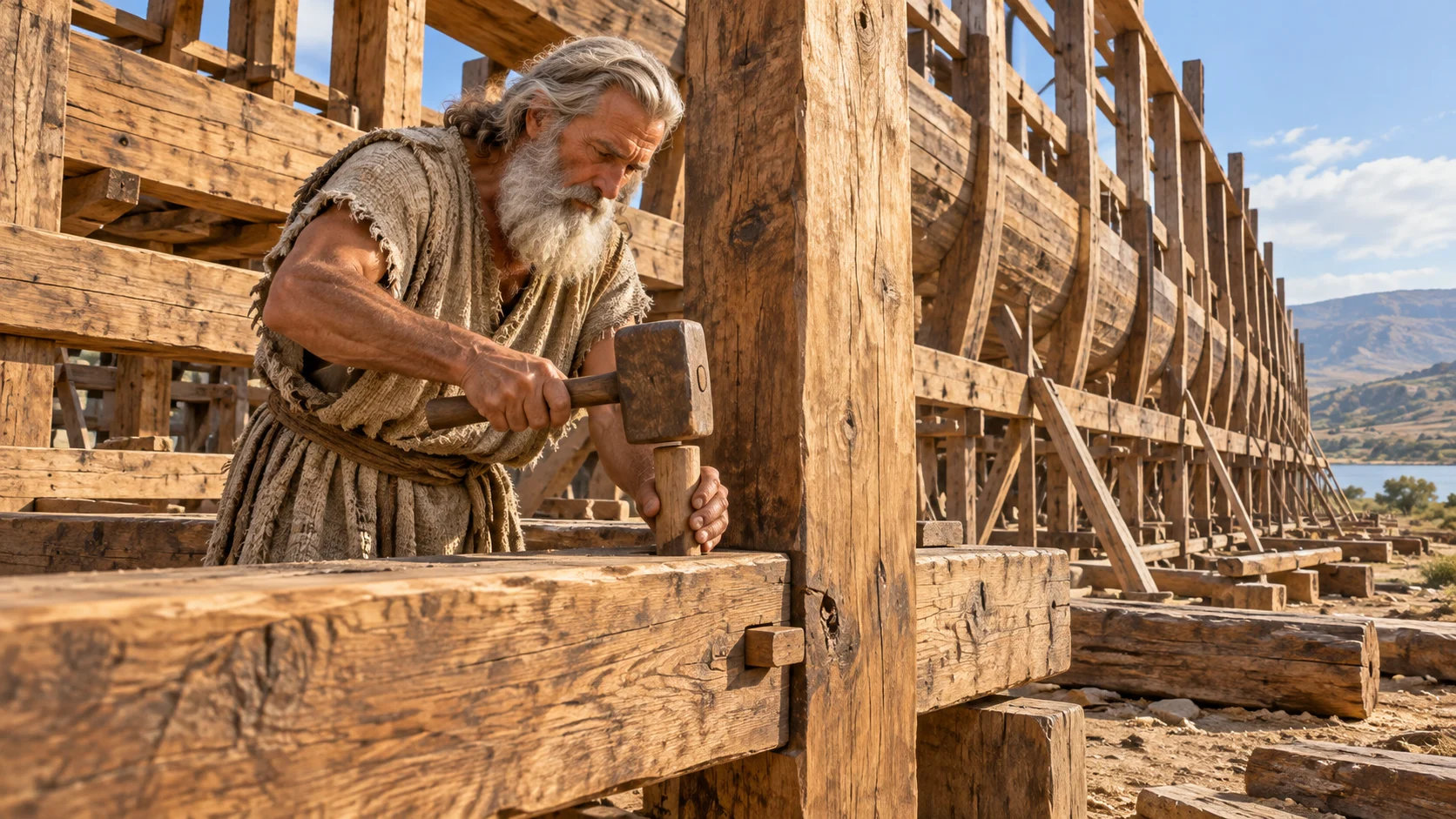 An imagined scene of Noah working on a timber joint of the unfinished ark, with no other workers shown.
