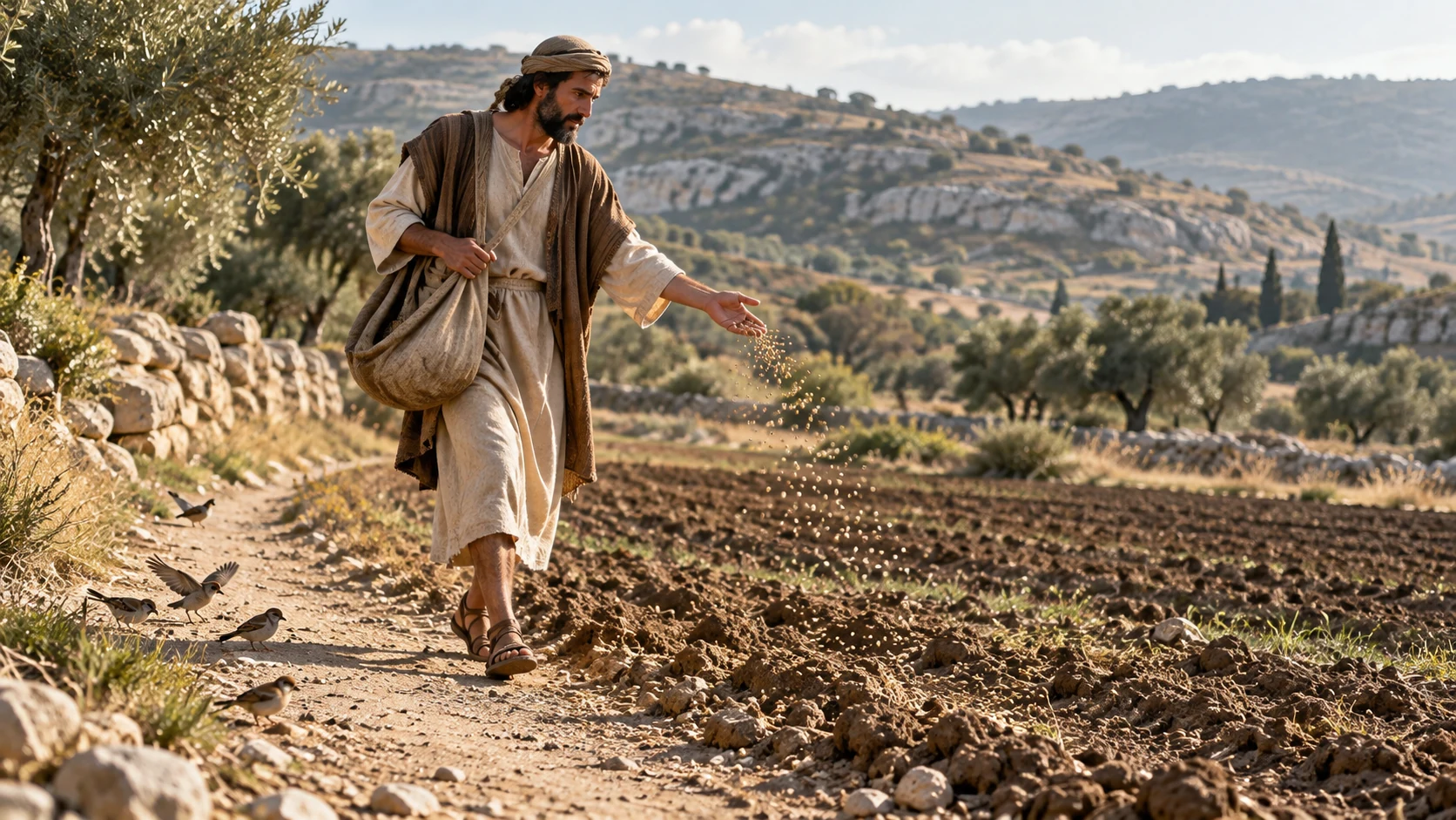 A farmer scatters grain beside a field while birds gather along a hard-packed path.