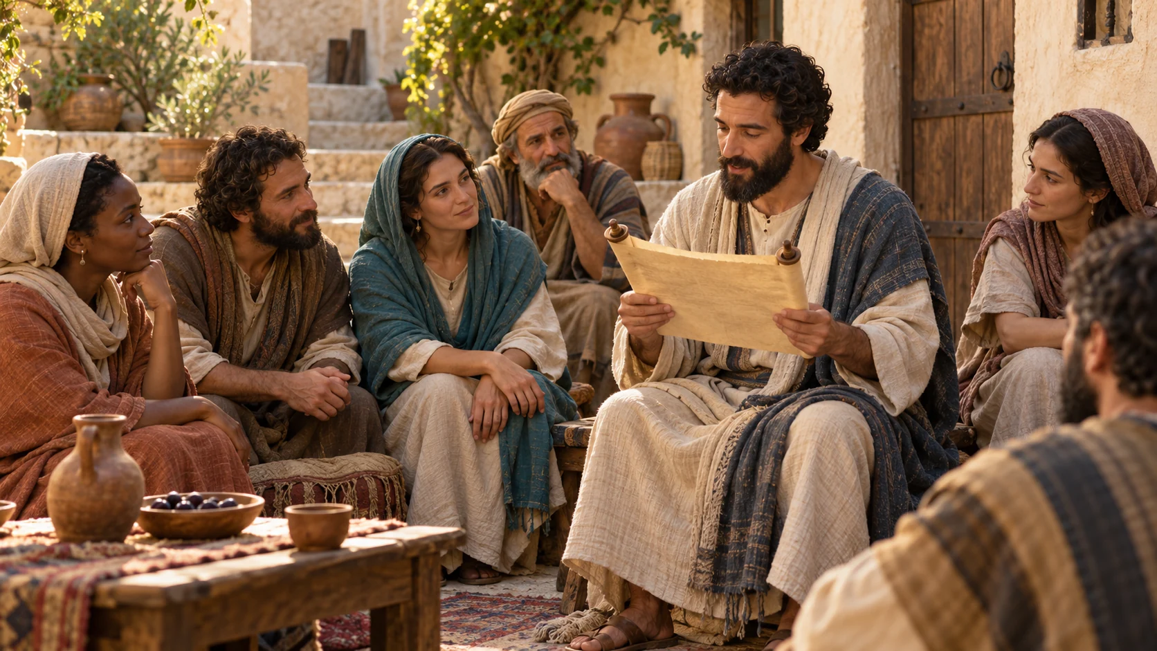 A reader shares a scroll with attentive listeners in an imagined first-century Christian gathering.