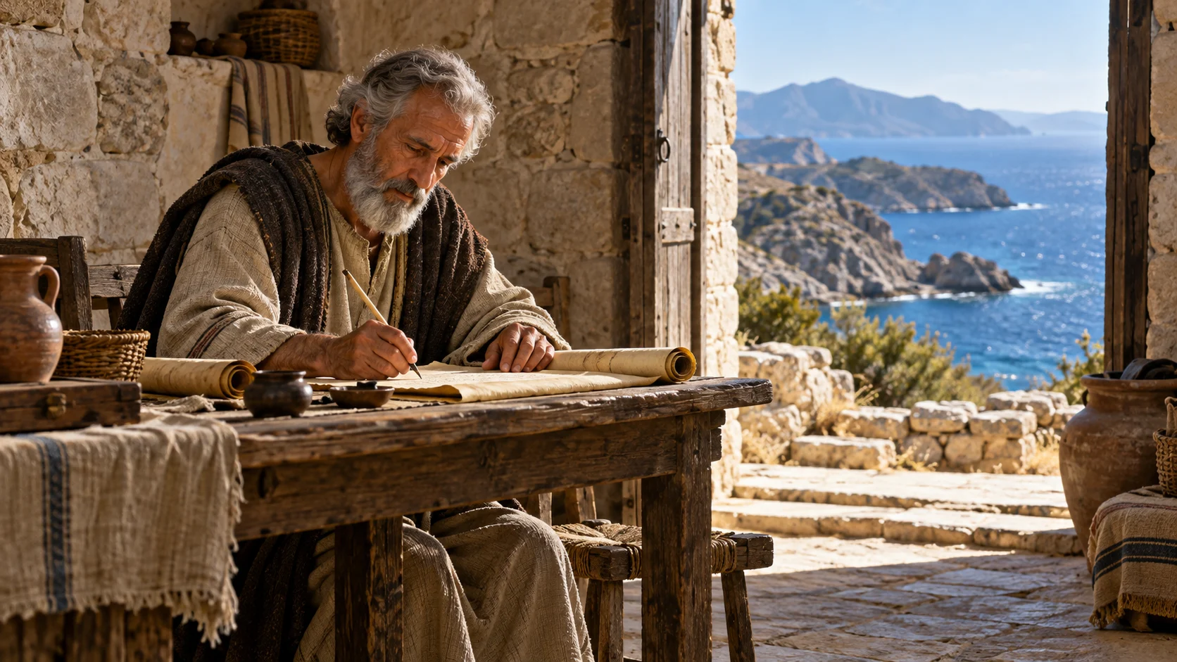 An imagined scene of John writing on a scroll beside the rocky coast of Patmos.