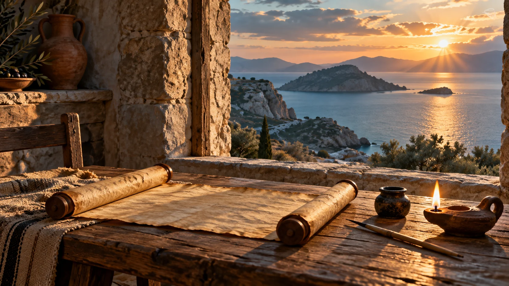 An illustrative first-century setting with a parchment scroll, oil lamp, and a view of the sea at dawn.