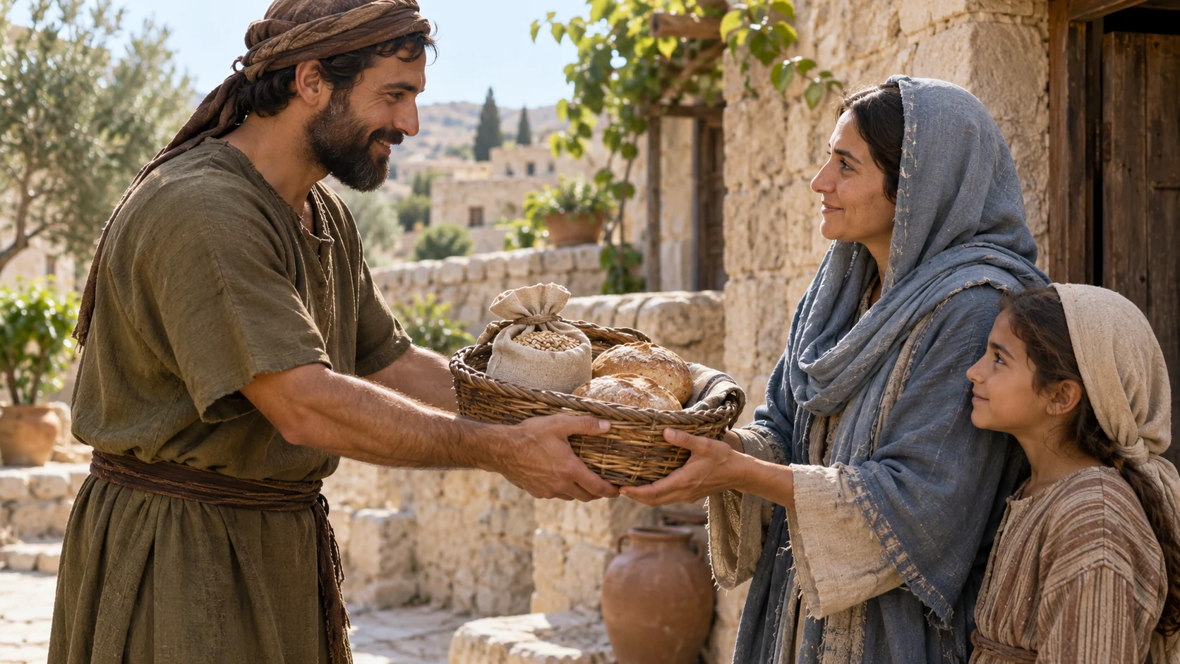 A man shares a basket of bread and grain with a mother and child.