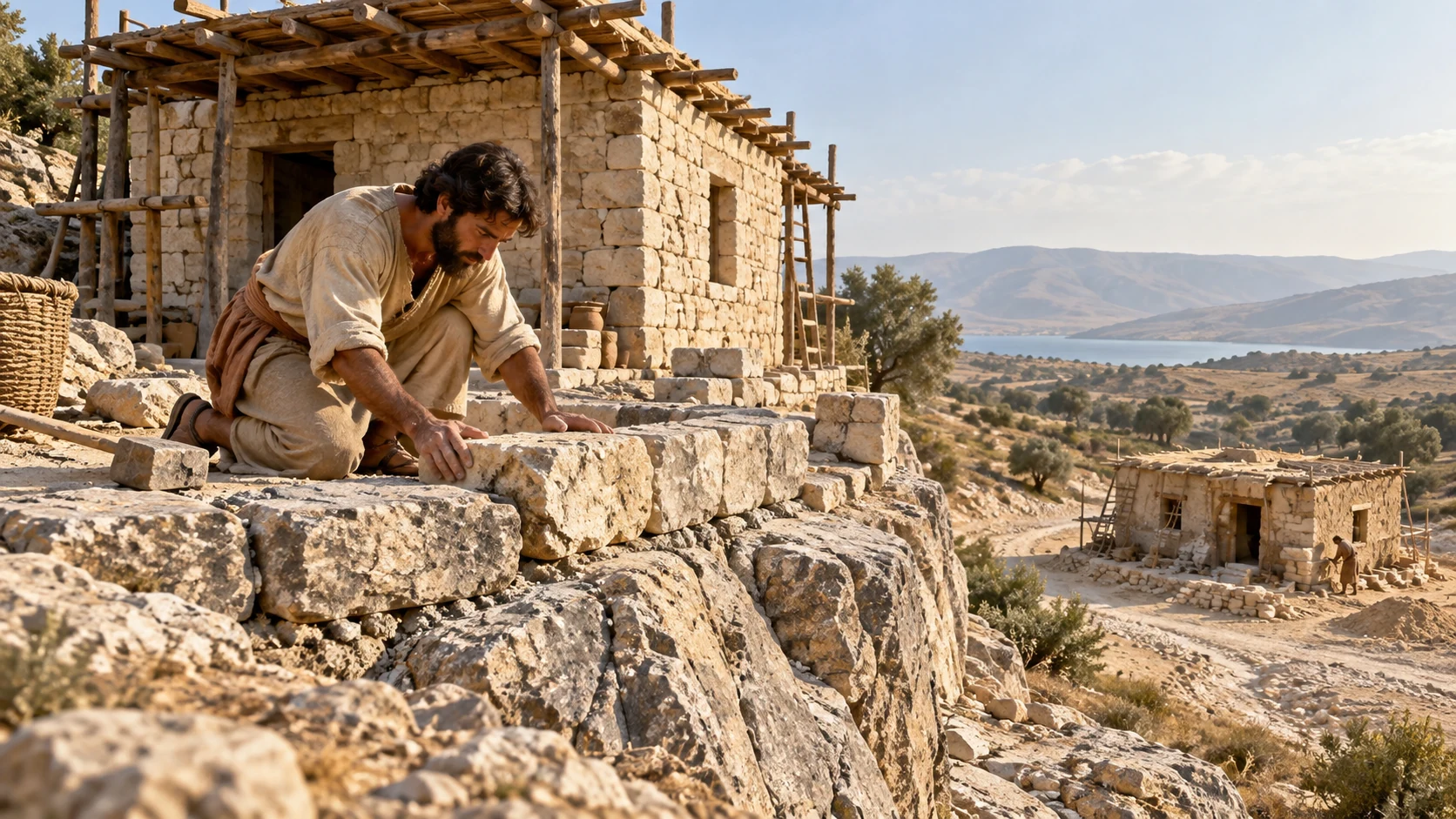 A builder lays stone blocks on solid rock.