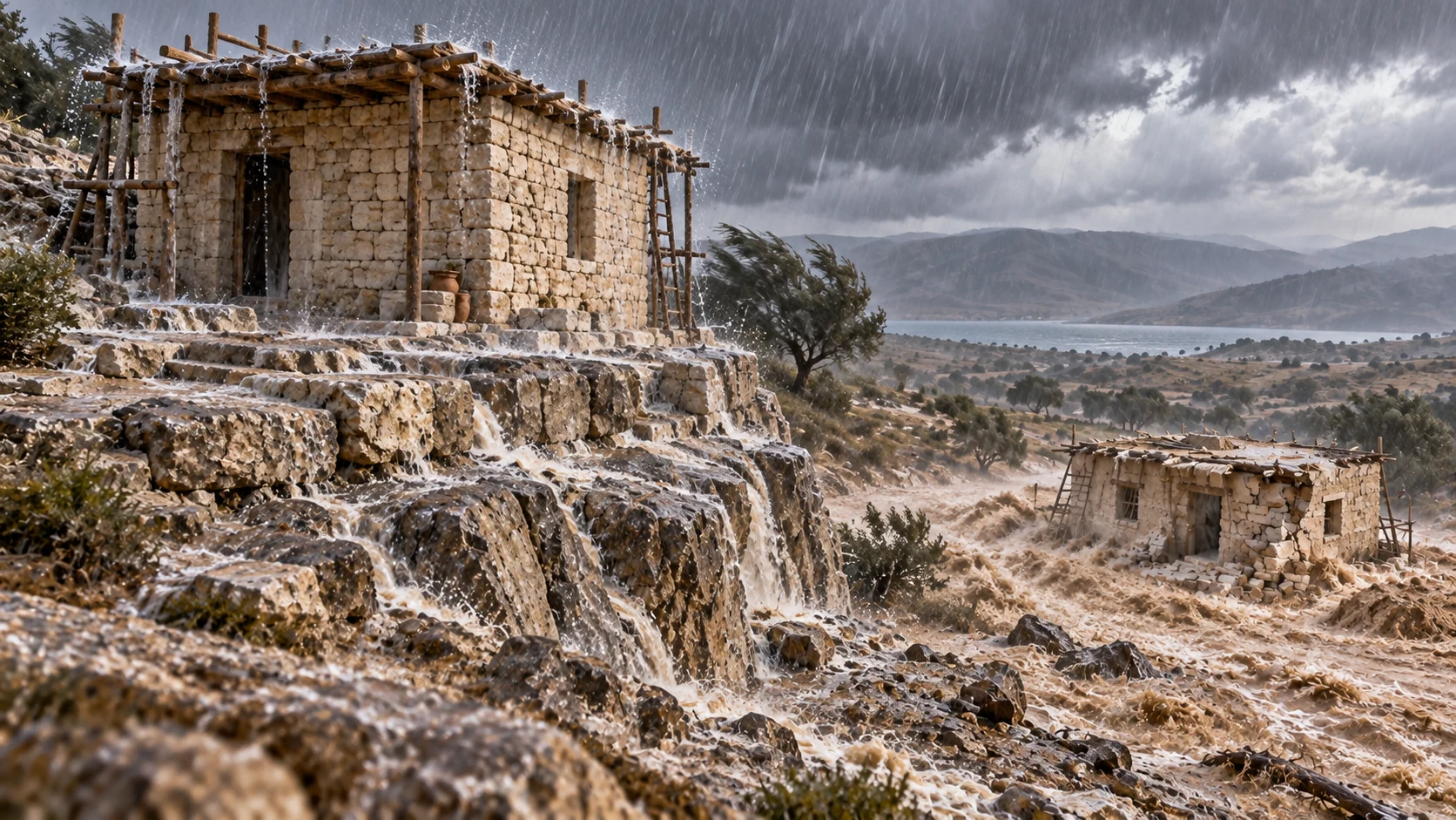 Rain and floodwater strike both houses while the sandy ground beneath the lower house erodes.