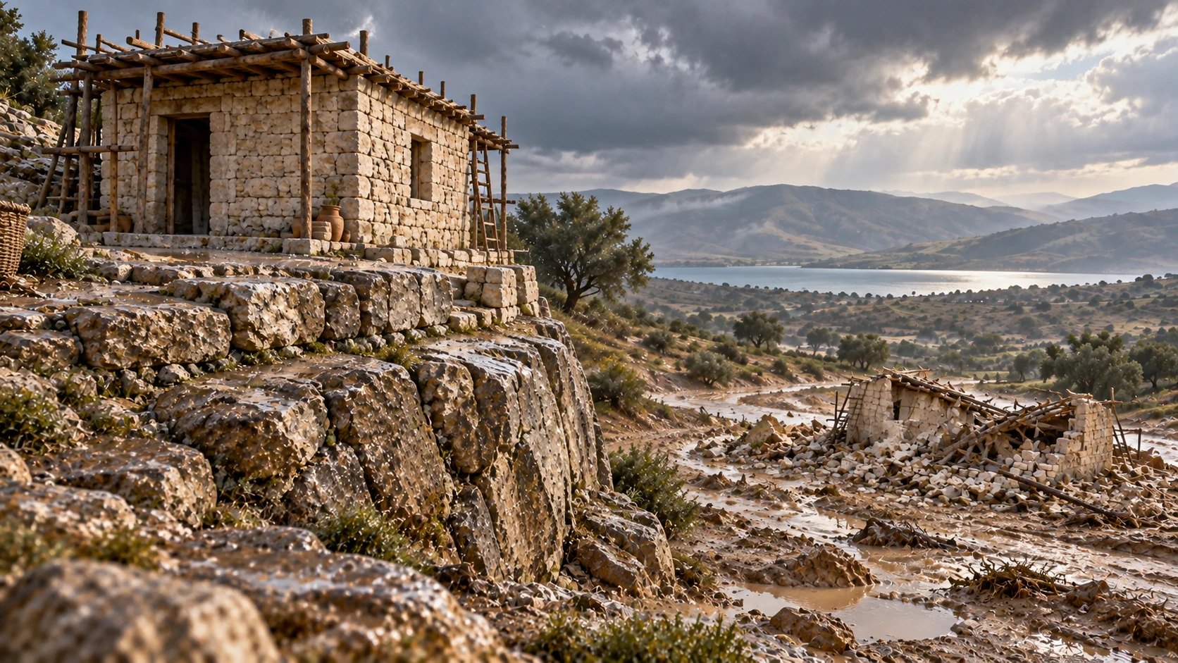 After the storm, the house on rock stands while the house on sand lies in ruins.